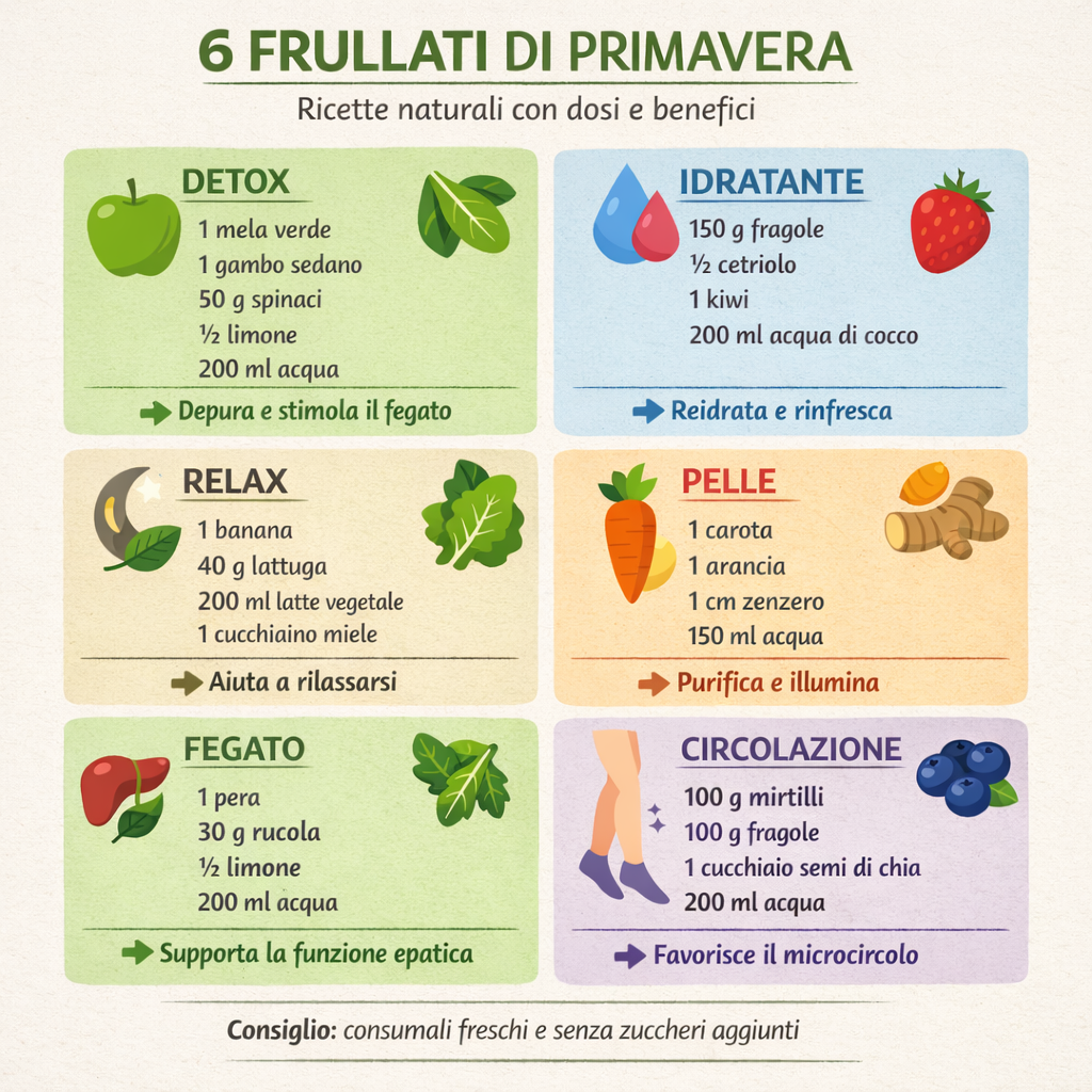Infografica con 6 frullati di primavera: ricette naturali con dosi precise per detox, idratazione, pelle, fegato, relax e circolazione