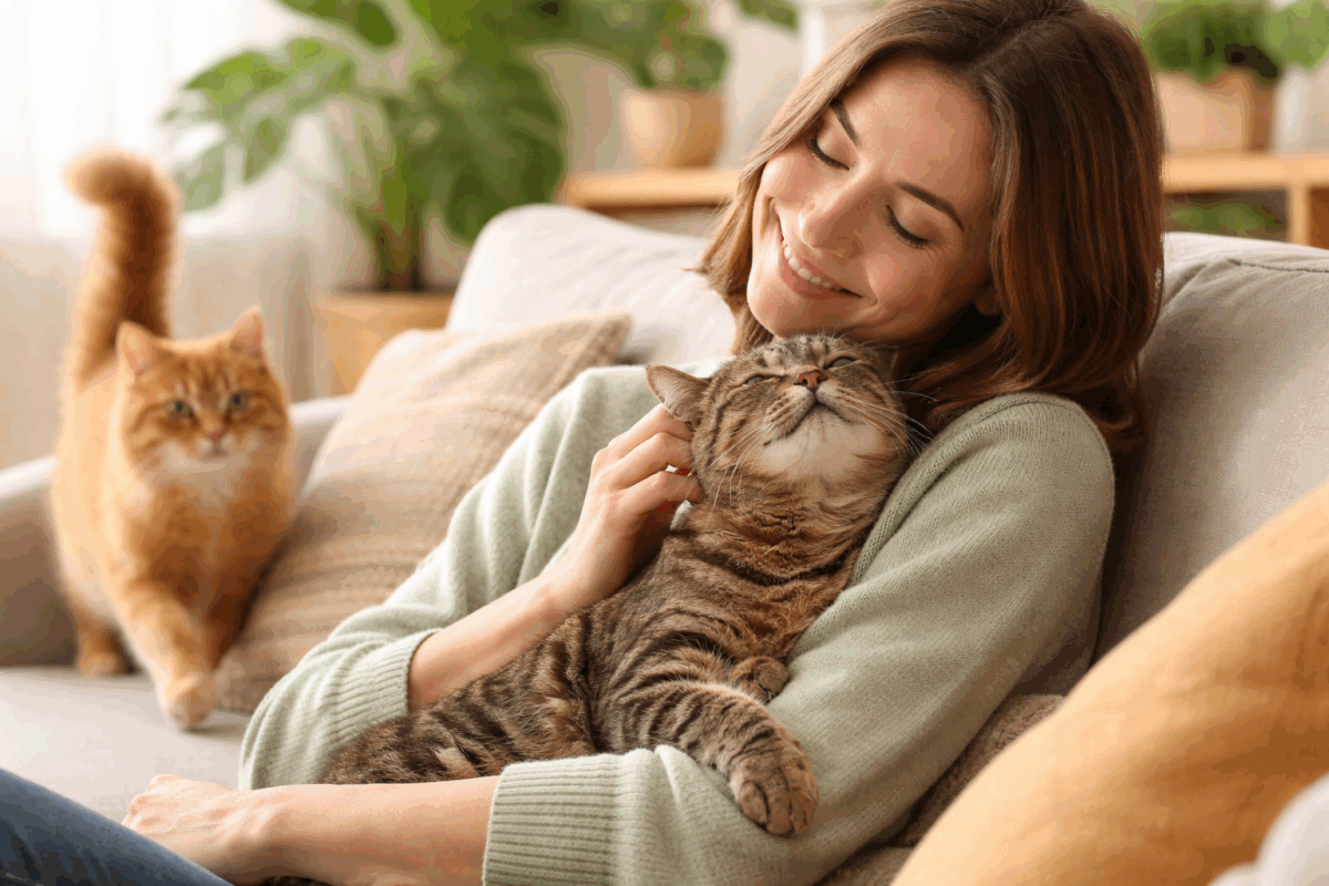 Gatto accoccolato tra le braccia della padrona mentre fa le fusa, scena domestica luminosa e serena
