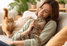 Gatto accoccolato tra le braccia della padrona mentre fa le fusa, scena domestica luminosa e serena