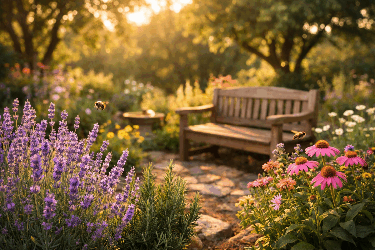 Giardino curativo con piante aromatiche, fiori colorati e api impollinatrici, con panchina in legno immersa nella natura al tramonto