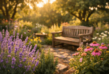 Giardino curativo con piante aromatiche, fiori colorati e api impollinatrici, con panchina in legno immersa nella natura al tramonto