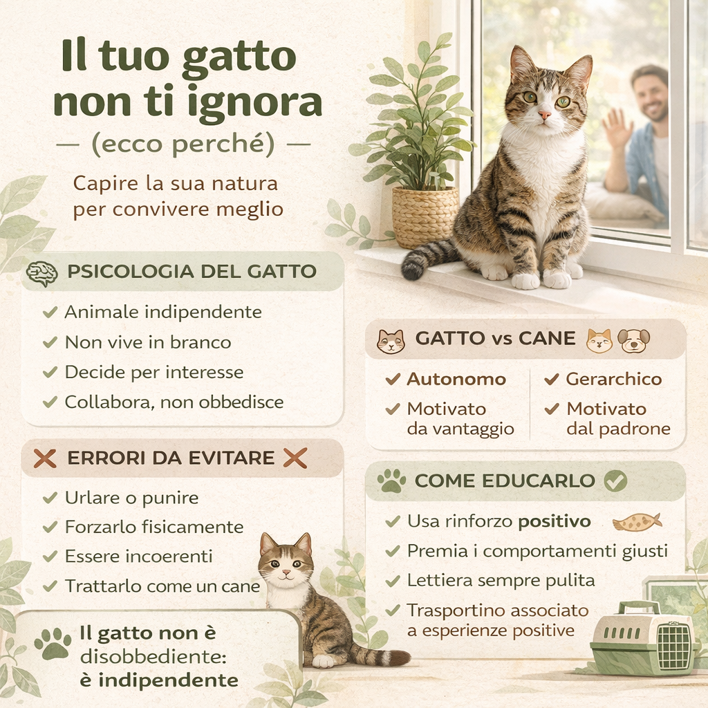 Infografica sul comportamento del gatto domestico che spiega perché i gatti non obbediscono e come educarli