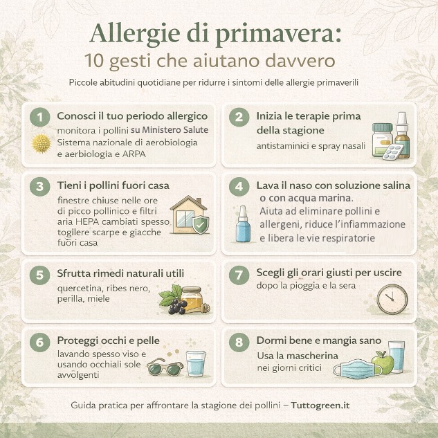 Infografica con 10 gesti utili per prevenire le allergie di primavera causate dai pollini.