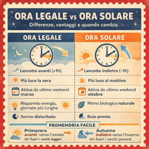 Infografica che spiega la differenza tra ora legale e ora solare con lancette avanti e indietro