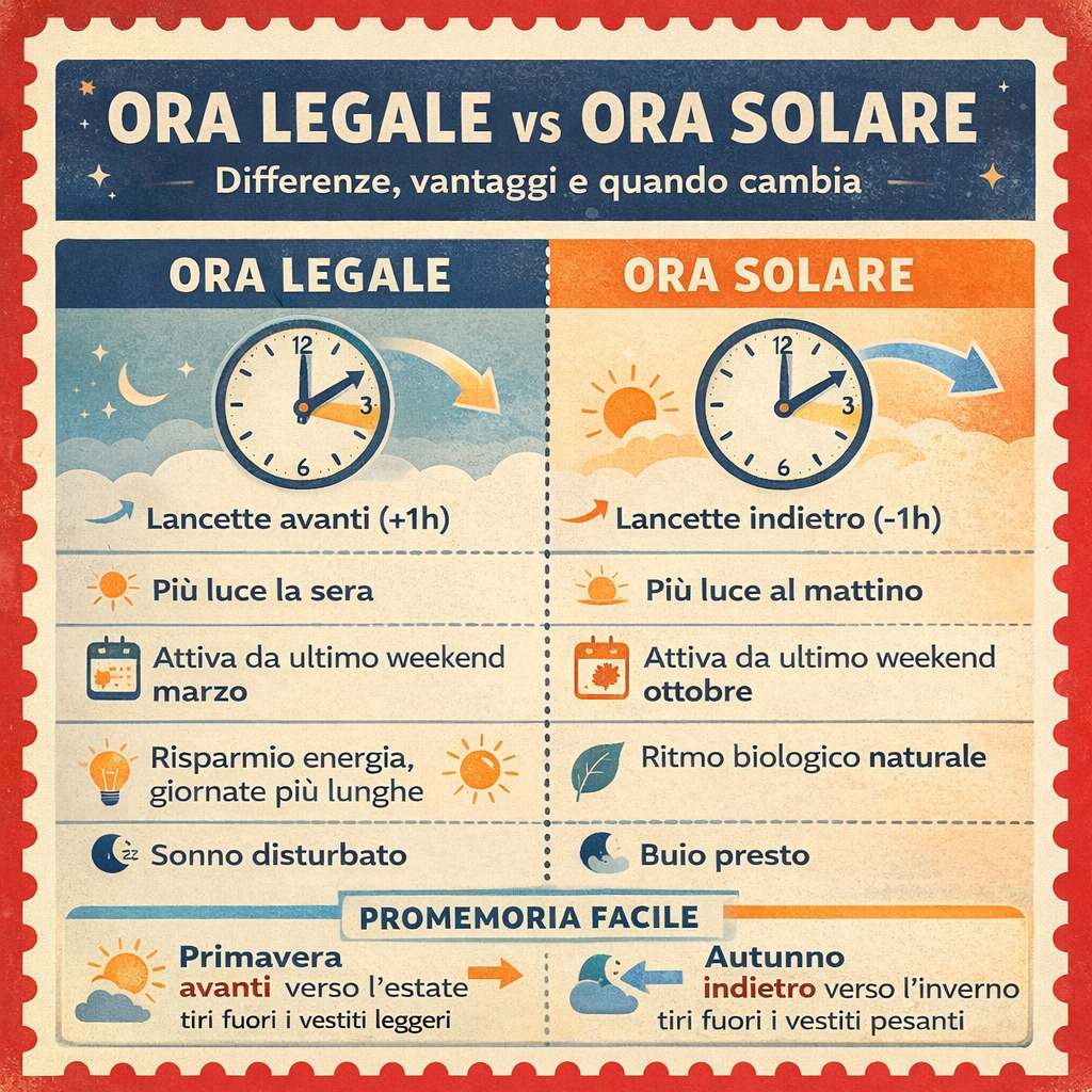 Infografica che spiega la differenza tra ora legale e ora solare con lancette avanti e indietro