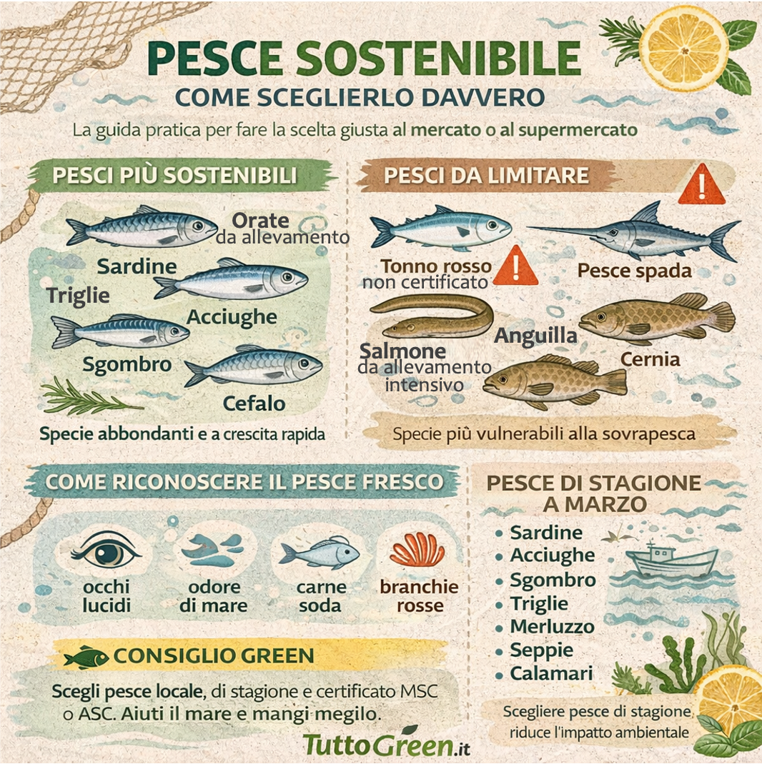 Infografica che mostra quali pesci sono più sostenibili, quali limitare, come riconoscere il pesce fresco e quali specie sono di stagione a marzo