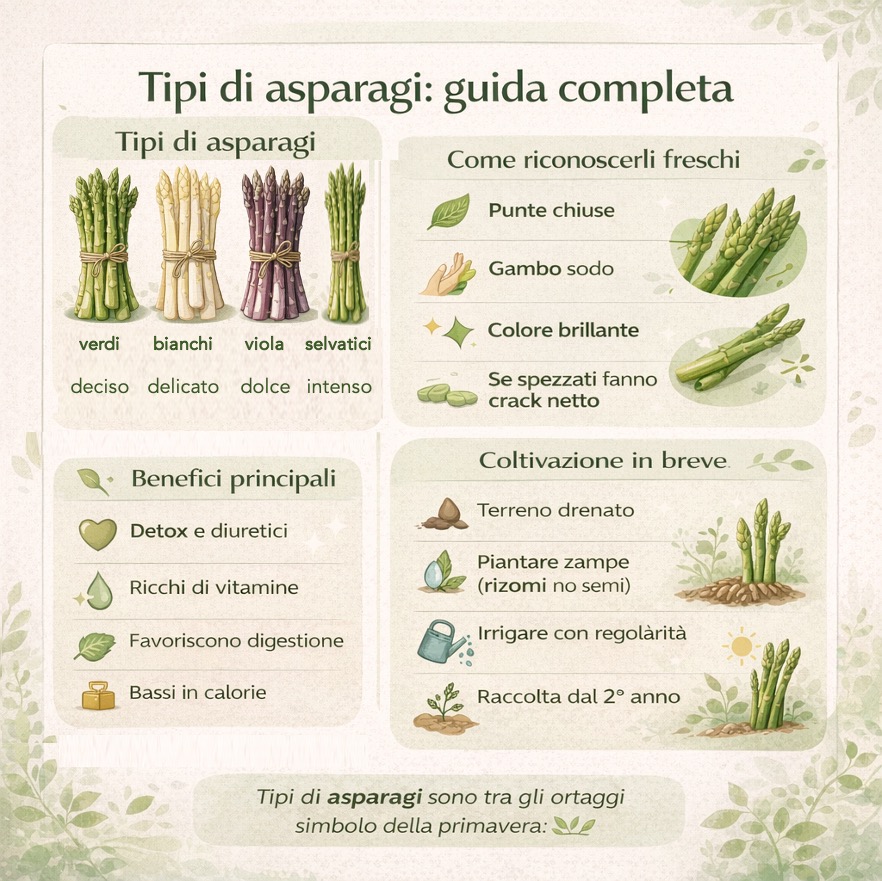 Infografica sui tipi di asparagi con guida completa: varietà verde, bianca, viola e selvatica, benefici, coltivazione e consigli per riconoscerli freschi