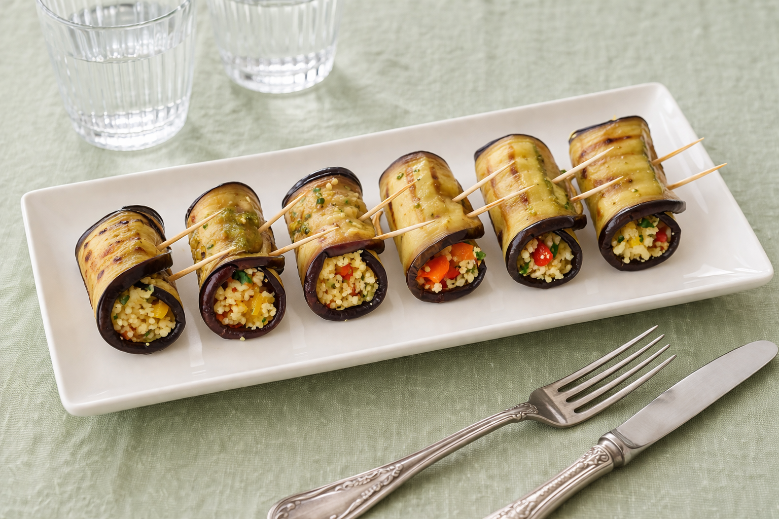 Involtini di melanzane vegetariani su piatto bianco con tovaglia di lino verde salvia e bicchieri d’acqua
