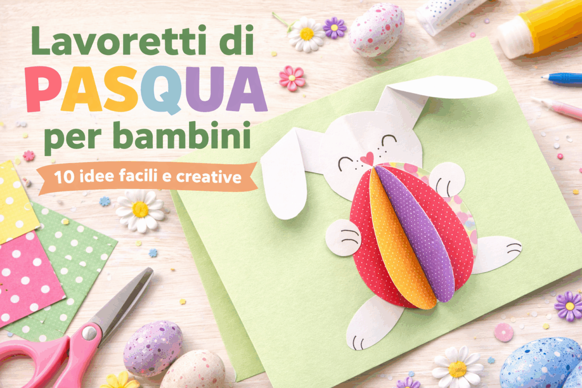 Lavoretti di Pasqua per bambini con coniglio 3D, uova decorate e materiali fai da te su sfondo naturale