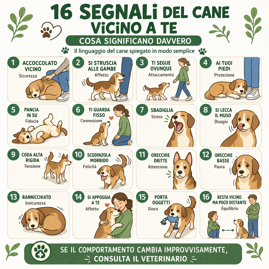 Infografica sul linguaggio del cane con 16 segnali e posizioni spiegate, tra cui coda, orecchie e comportamento vicino al padrone