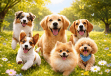 Cani felici che giocano all’aperto in un prato soleggiato, esempio di comportamento positivo e linguaggio del cane