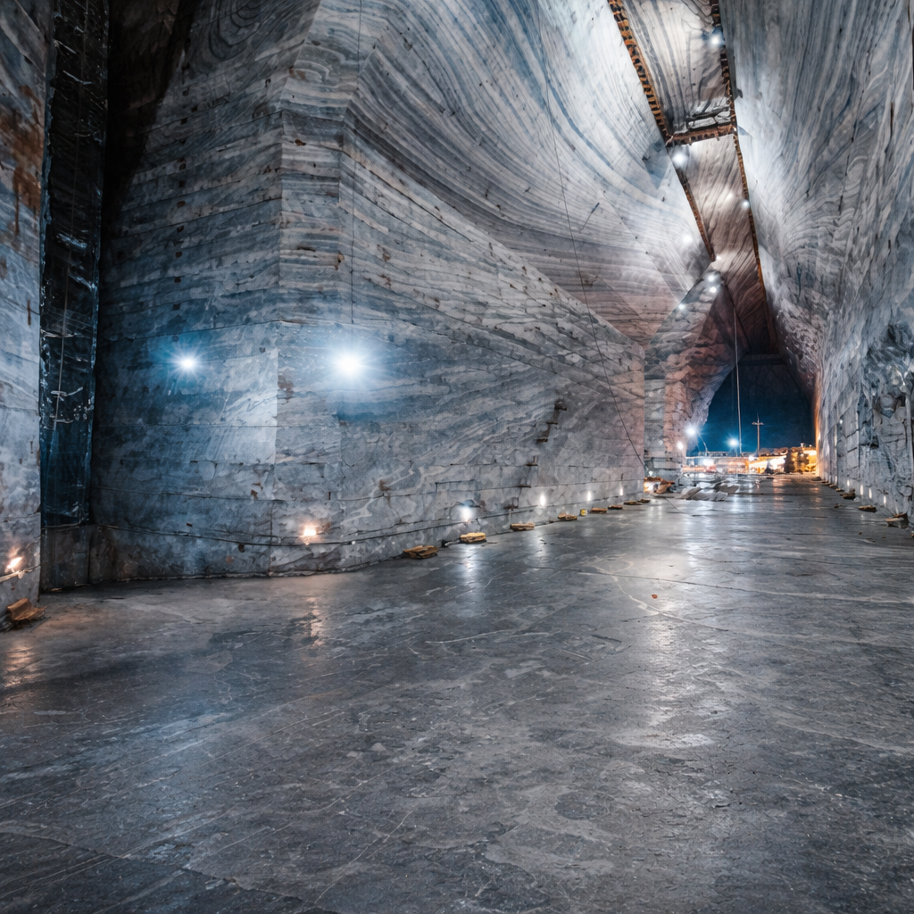 Grande galleria di miniera di sale sotterranea illuminata con pareti stratificate e pavimento levigato