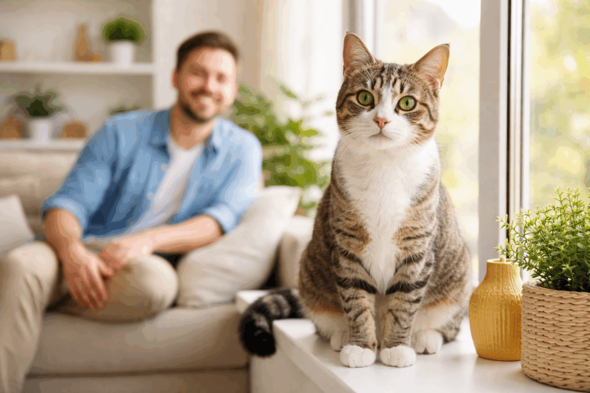 Gatto domestico curioso su un davanzale in una casa luminosa con il padrone sorridente sullo sfondo