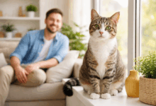 Gatto domestico curioso su un davanzale in una casa luminosa con il padrone sorridente sullo sfondo