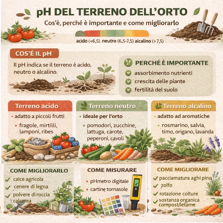 Infografica sul pH del terreno dell’orto con spiegazione di terreno acido, neutro e alcalino, colture adatte e metodi per migliorarlo