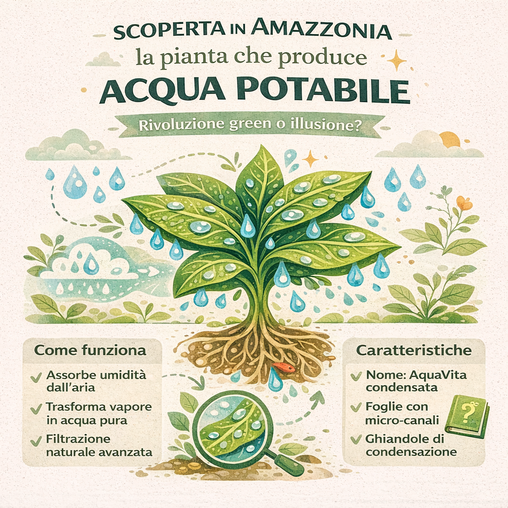 Infografica illustrata di una pianta che produce acqua potabile dall’umidità dell’aria, con foglie che rilasciano gocce d’acqua