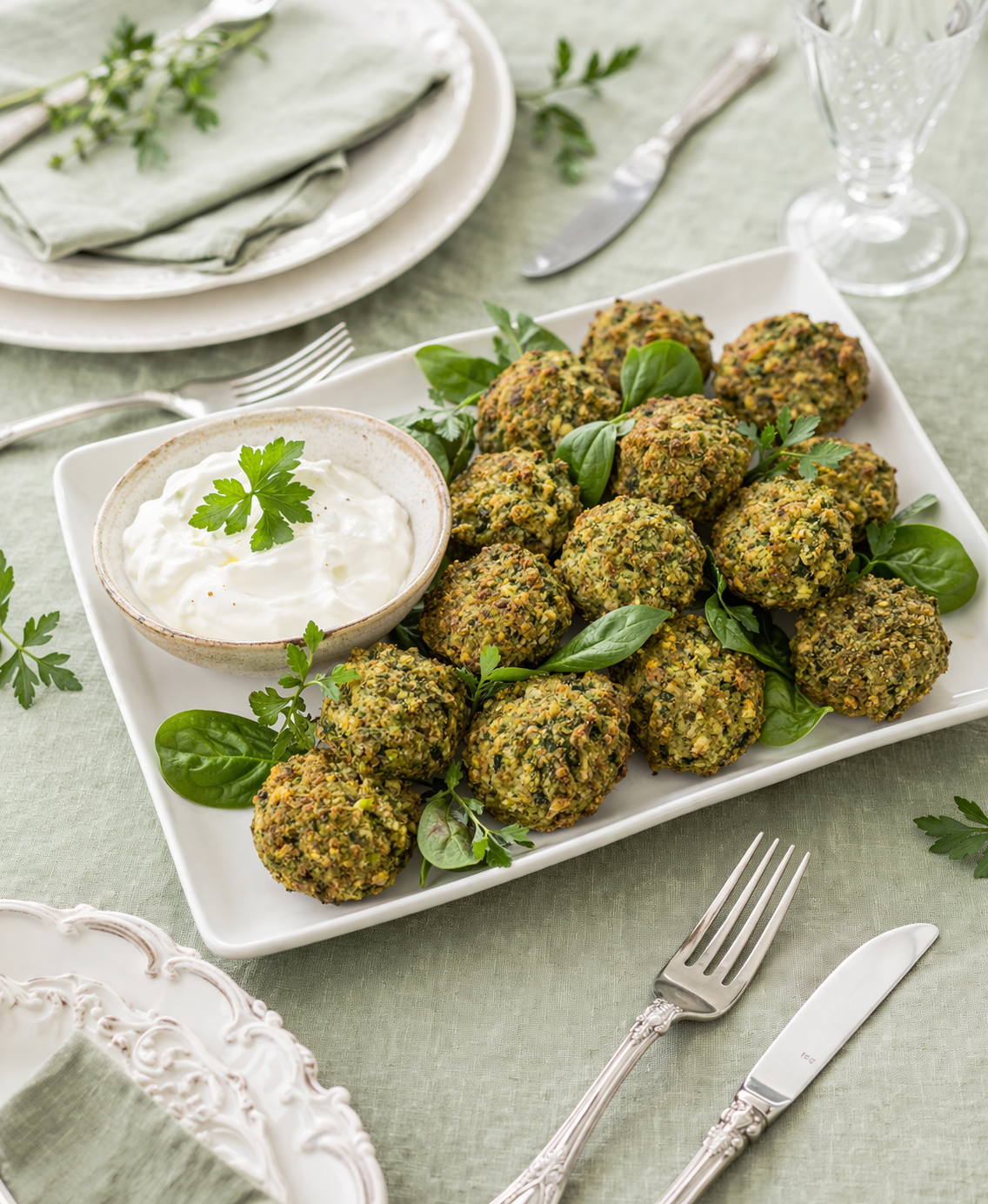 Polpette vegetali agli spinaci su vassoio bianco con salsa cremosa e tavola apparecchiata con tovaglia color salvia