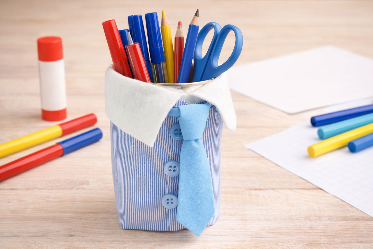 portapenne fai da te per la festa del papà realizzato con barattolo decorato come camicia con cravatta e materiale di riciclo