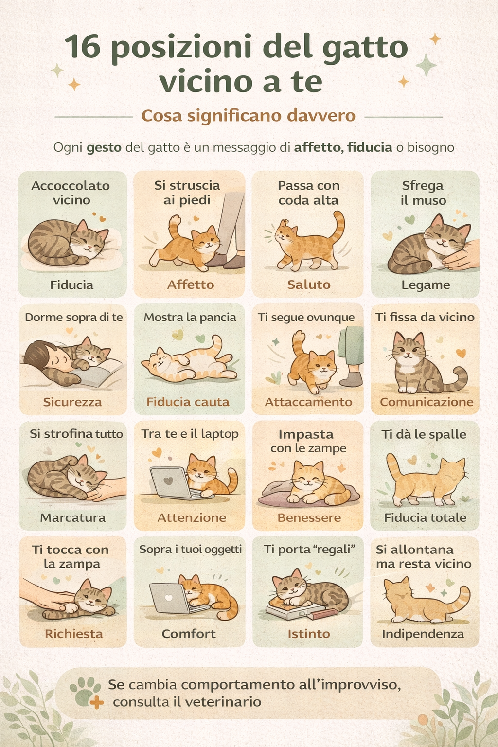 Infografica sulle 16 posizioni del gatto vicino al padrone e il loro significato, con icone illustrate e spiegazioni sintetiche