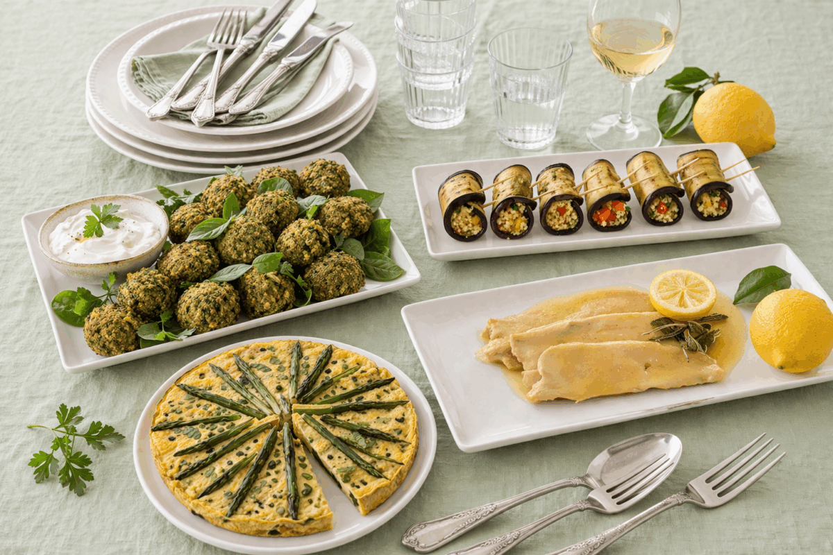 Pranzo con piatti vegetariani per Pasqua con frittata agli asparagi, polpette vegetali, involtini di melanzane e tofu al limone su tavola elegante