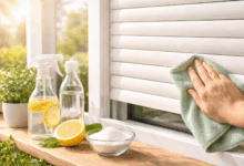 Pulizia delle tapparelle con panno in microfibra e detergenti naturali come limone, aceto e bicarbonato