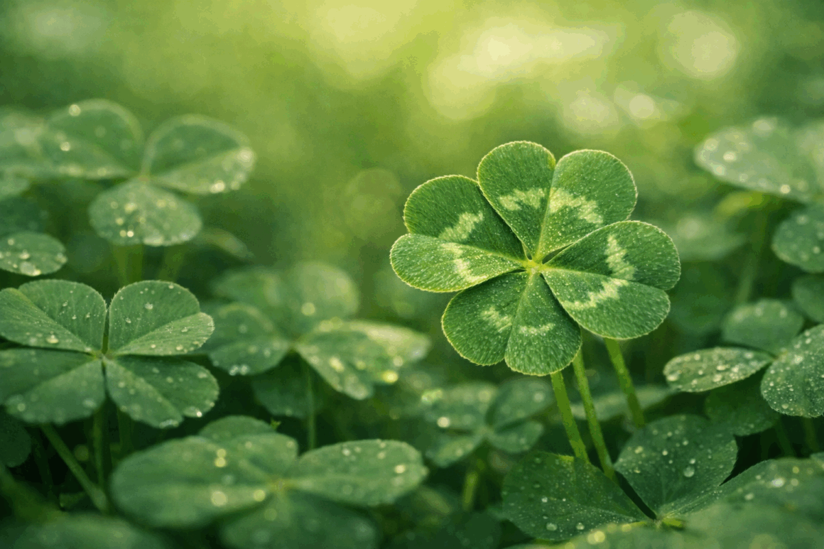 Quadrifoglio illuminato dalla luce naturale tra foglie di trifoglio verde