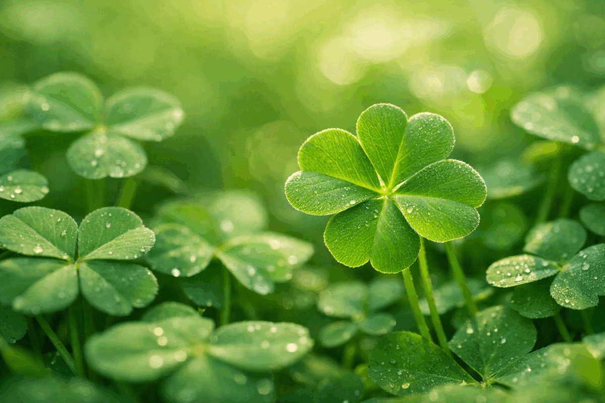 Quadrifoglio illuminato dalla luce naturale tra foglie di trifoglio verde