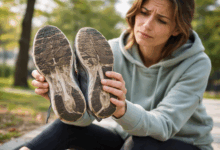 Donna che osserva con espressione perplessa la suola consumata delle sue scarpe da ginnastica in un parco, segnale che è ora di cambiarl
