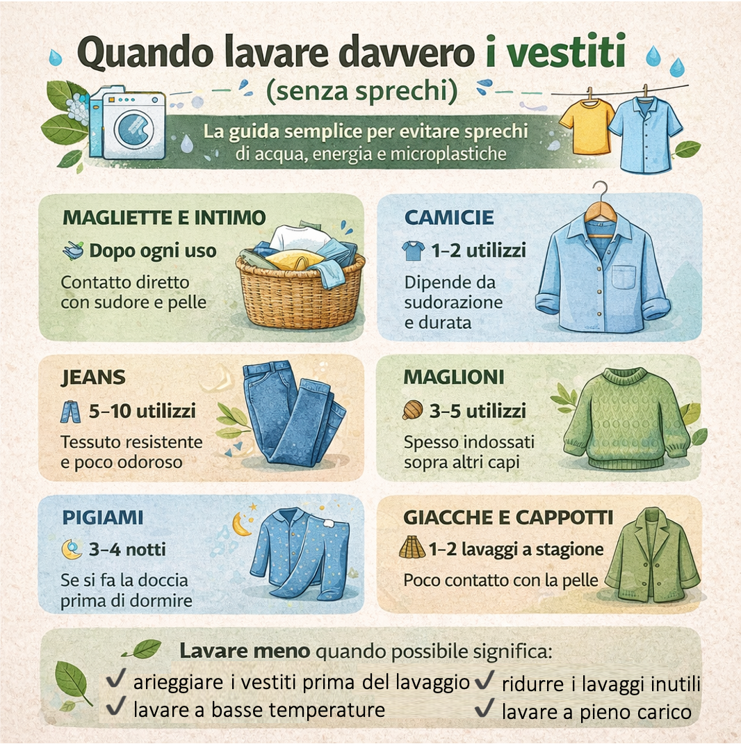 Infografica su quando lavare davvero i vestiti: ogni quanto lavare magliette, jeans, camicie, maglioni e cappotti per ridurre sprechi di acqua ed energia.