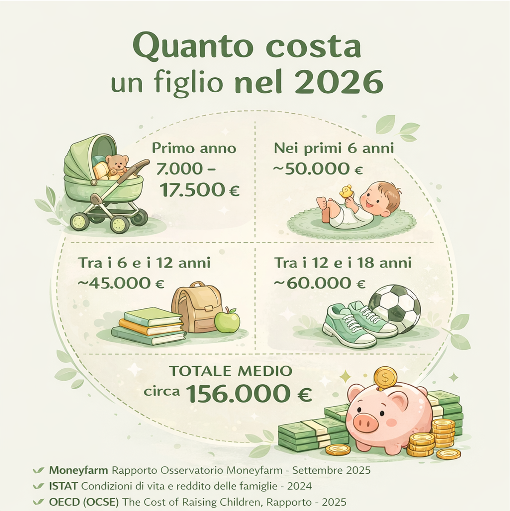 infografica quanto costa crescere un figlio in Italia nel 2026 con spese per età dalla nascita ai 18 anni