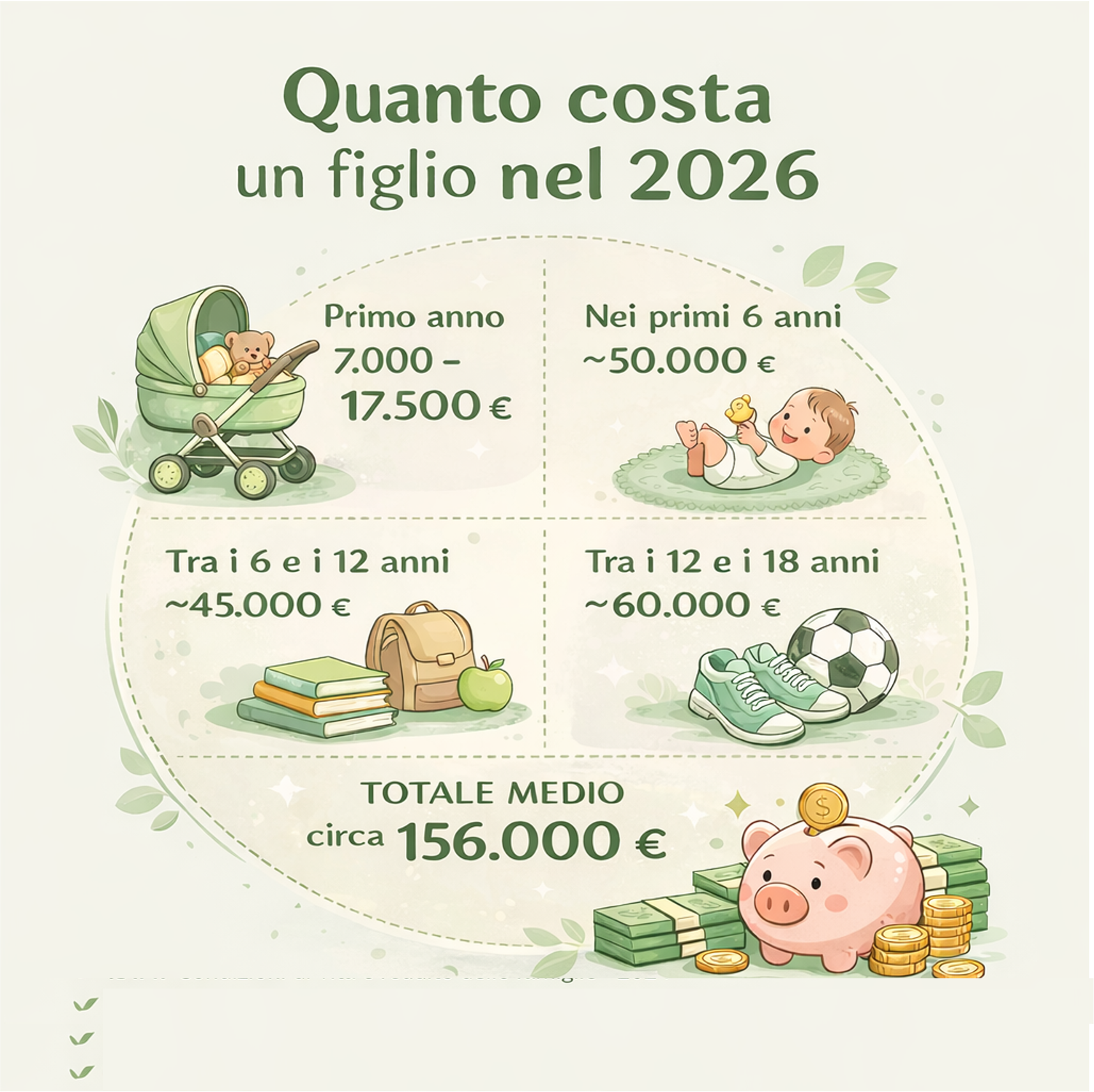 infografica quanto costa crescere un figlio in Italia nel 2026 con spese per età dalla nascita ai 18 anni