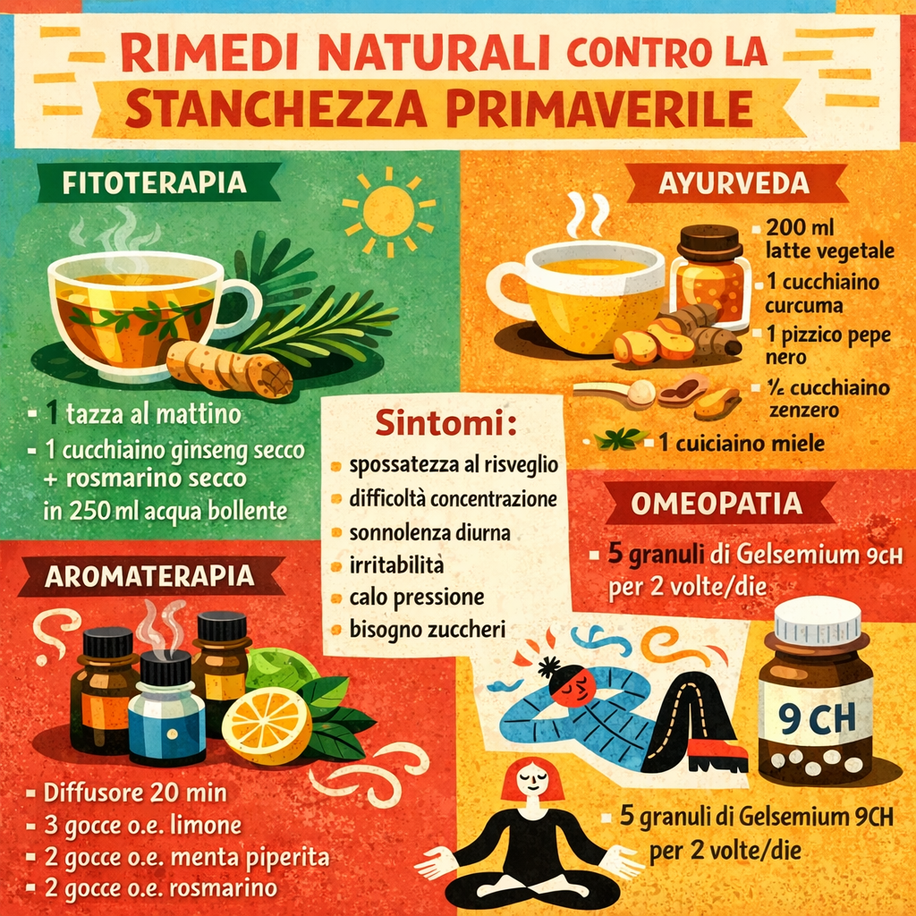 Infografica con rimedi naturali contro la stanchezza primaverile: fitoterapia, ayurveda, aromaterapia e omeopatia con dosi e modalità d’uso