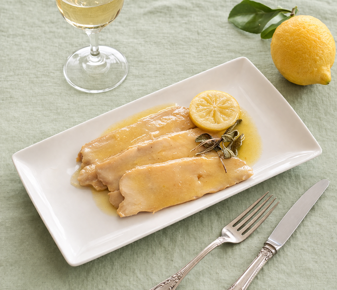 Scaloppine di tofu al limone servite su piatto rettangolare bianco con tovaglia di lino verde salvia e bicchiere di vino