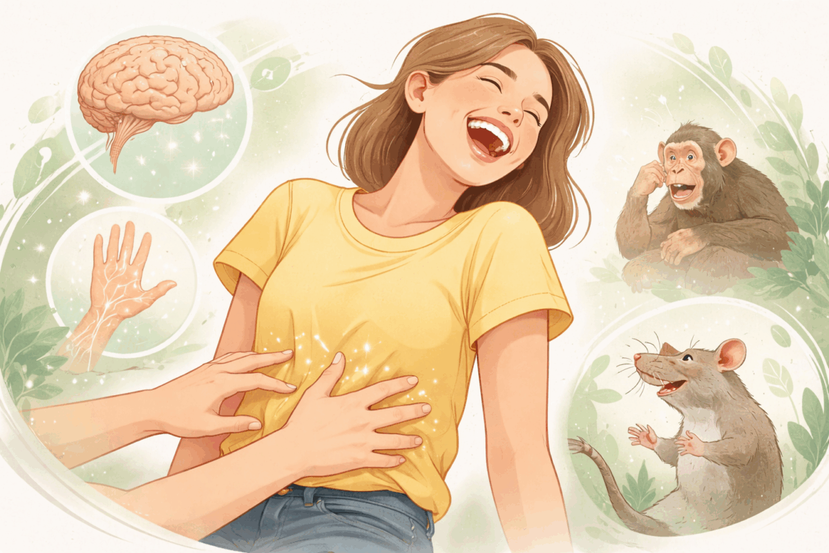 Persona che ride per il solletico con rappresentazione del cervello e animali che lo provano