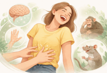 Persona che ride per il solletico con rappresentazione del cervello e animali che lo provano