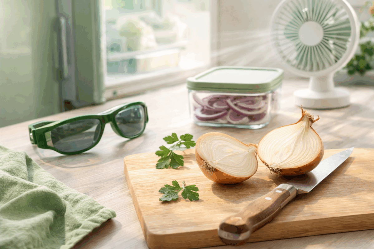 Cipolla tagliata su tagliere in cucina luminosa con coltello e occhiali per evitare lacrime