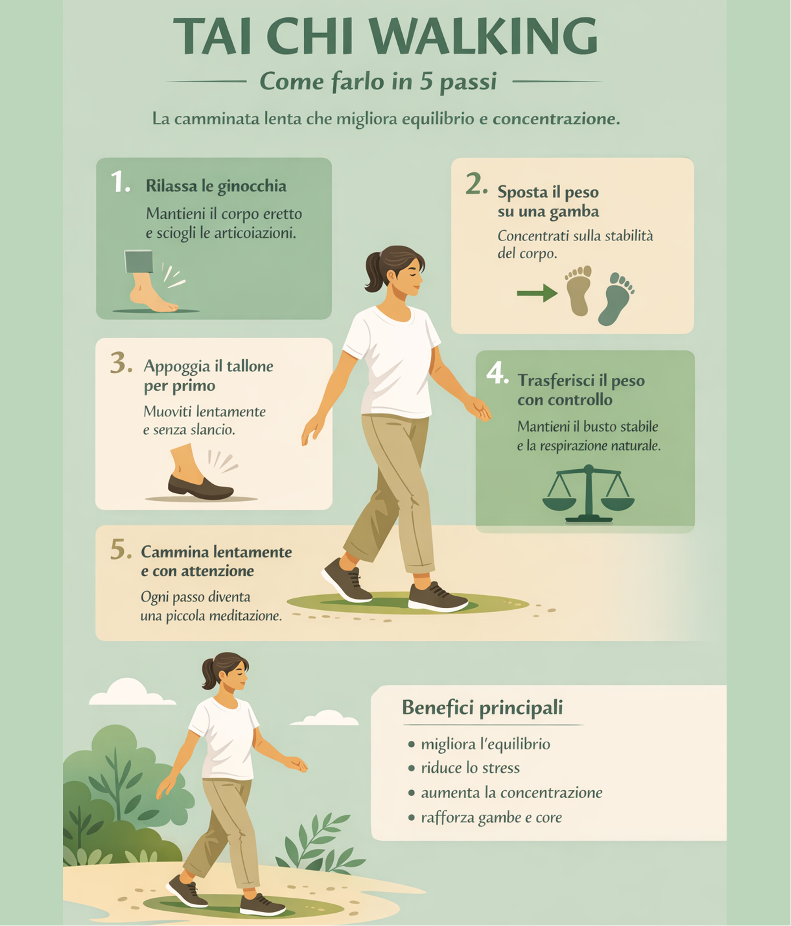 Infografica che spiega come praticare il Tai Chi Walking in 5 passi per migliorare equilibrio e concentrazione