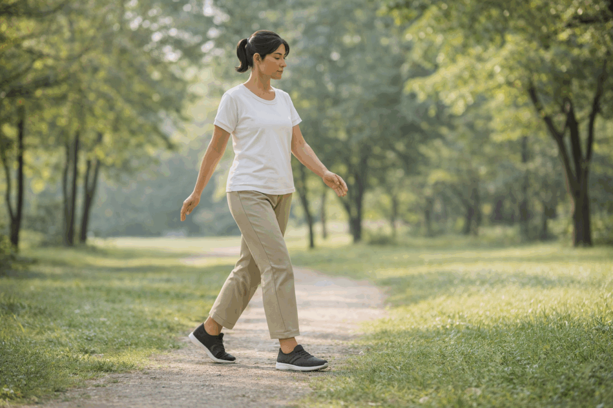 Persona che pratica Tai Chi Walking in un parco con movimenti lenti e controllati per migliorare equilibrio e benessere