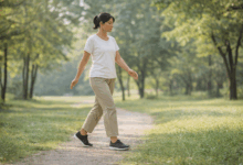 Persona che pratica Tai Chi Walking in un parco con movimenti lenti e controllati per migliorare equilibrio e benessere