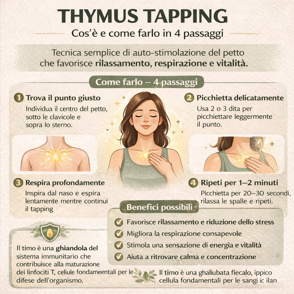 Infografica che spiega cos’è il thymus tapping e come praticarlo in quattro passaggi per favorire rilassamento, respirazione e benessere.