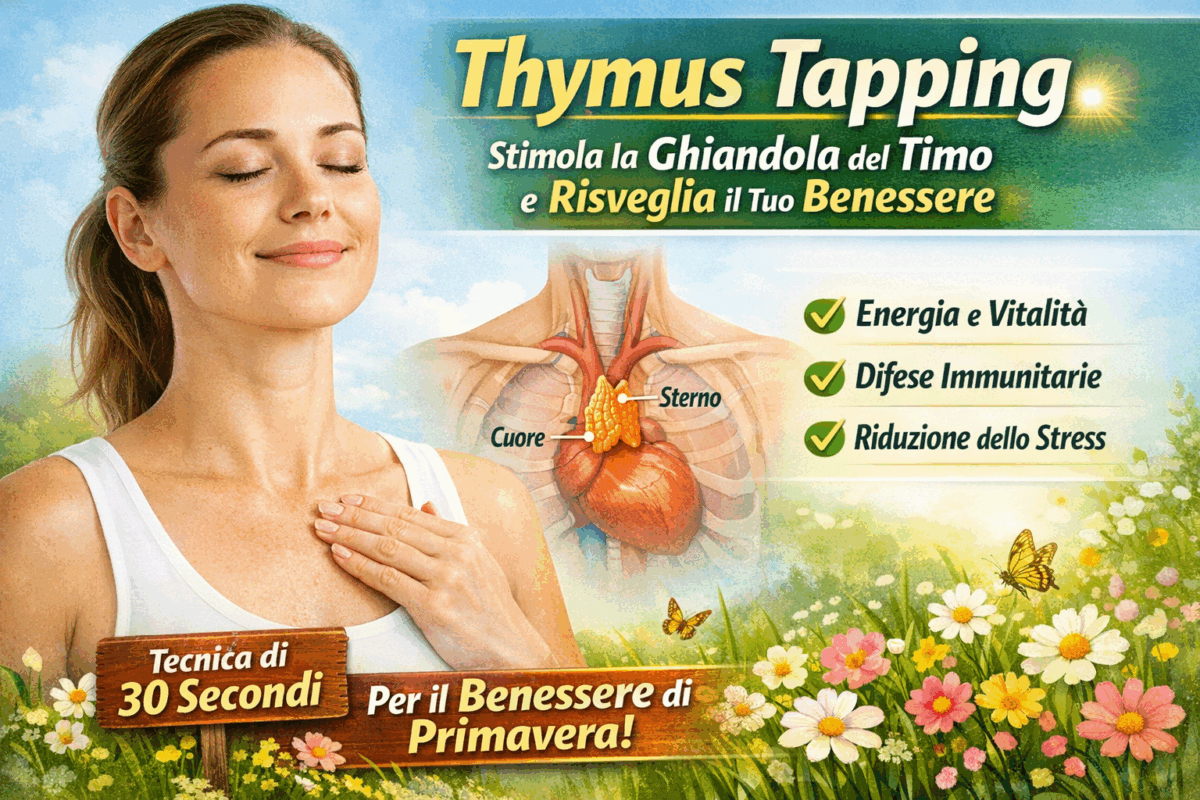 Donna che picchietta delicatamente il centro del petto per stimolare la ghiandola del timo durante un esercizio di thymus tapping per il benessere e il sistema immunitario.