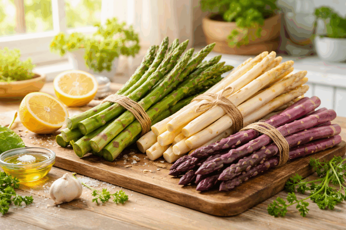 Tipi di asparagi freschi verdi, bianchi e viola su tavolo in legno illuminato dalla luce naturale primaverile