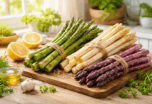 Tipi di asparagi freschi verdi, bianchi e viola su tavolo in legno illuminato dalla luce naturale primaverile