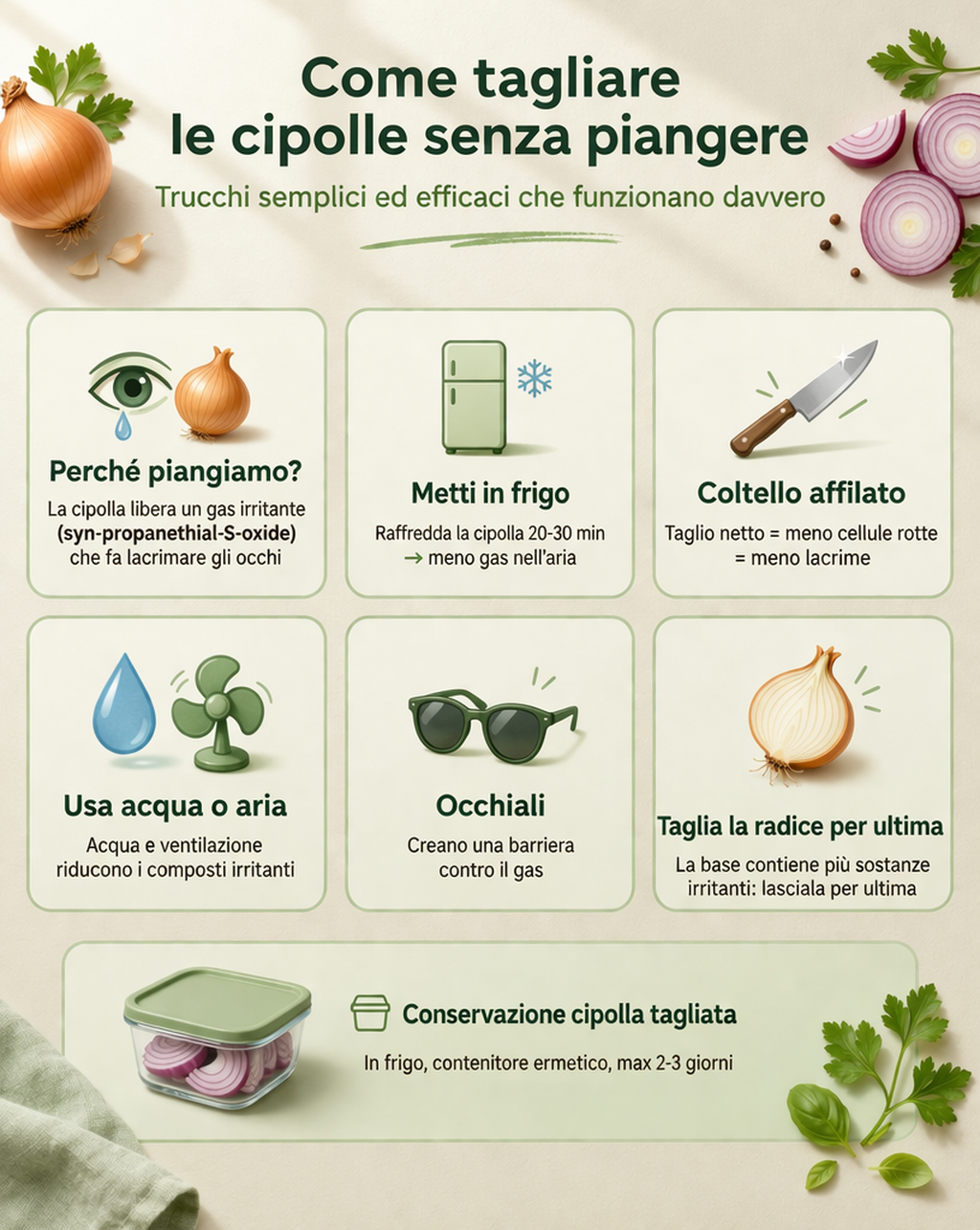 Infografica con trucchi semplici ed efficaci per tagliare le cipolle senza piangere