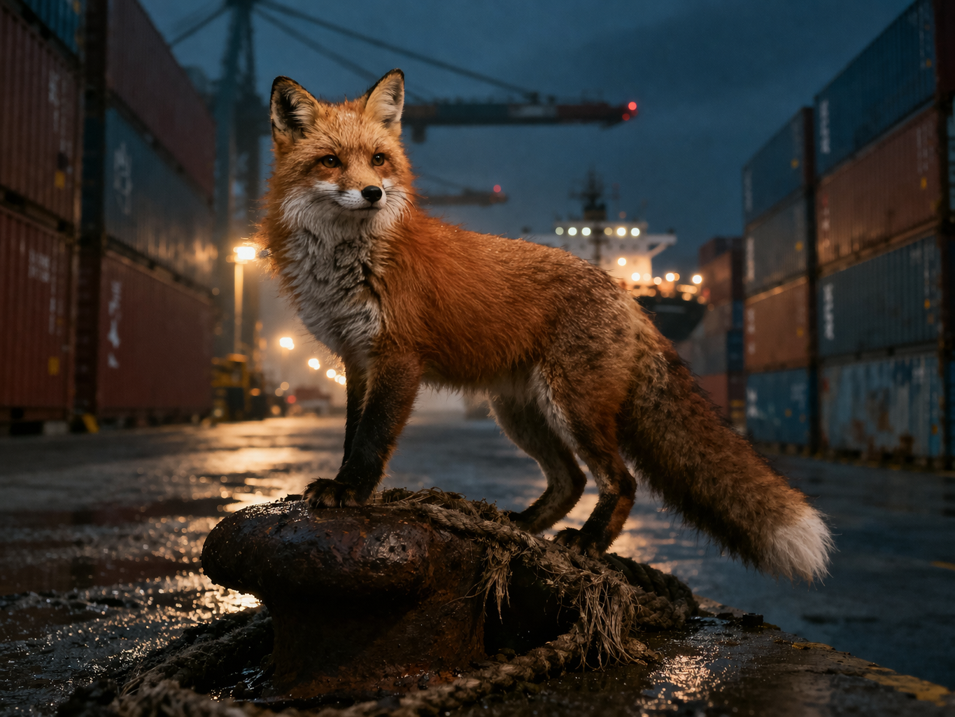 Volpe rossa in un porto industriale tra container e nave cargo di notte