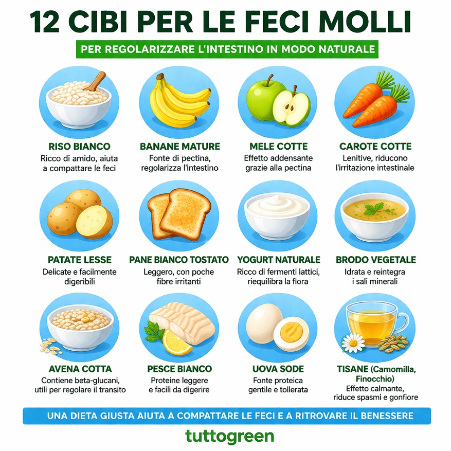 Infografica con 12 cibi consigliati per le feci molli, tra cui riso bianco, banane, mele cotte, carote, yogurt e tisane, con benefici digestivi.