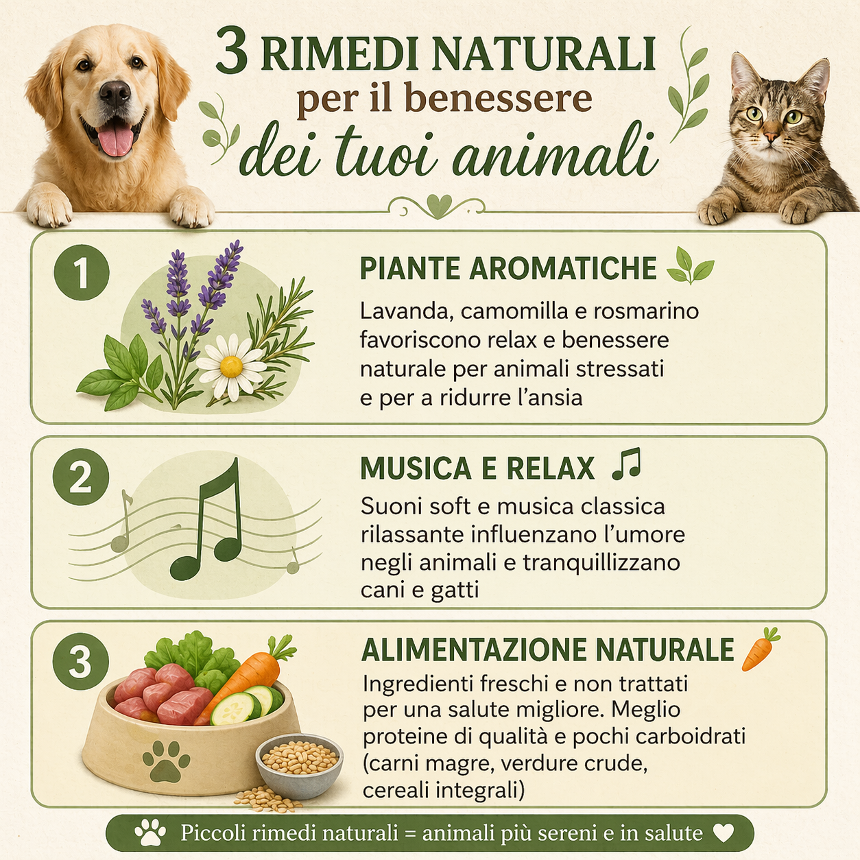 Infografica sui 3 rimedi naturali per il benessere degli animali domestici con piante aromatiche musica rilassante e alimentazione naturale