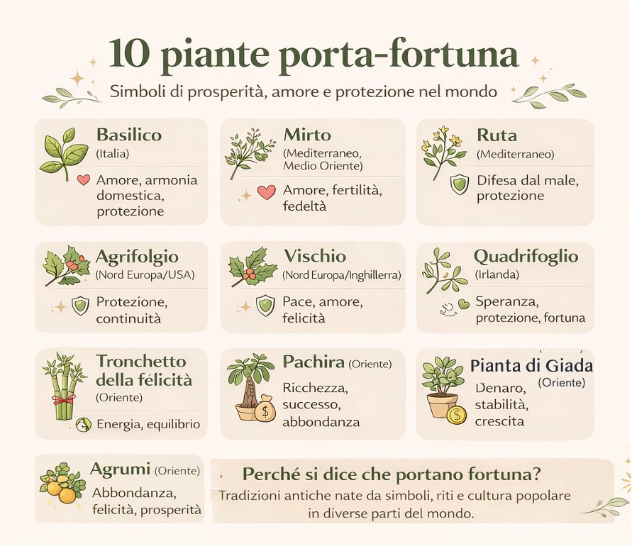 Infografica piante porta fortuna: le 10 più famose e il loro significato