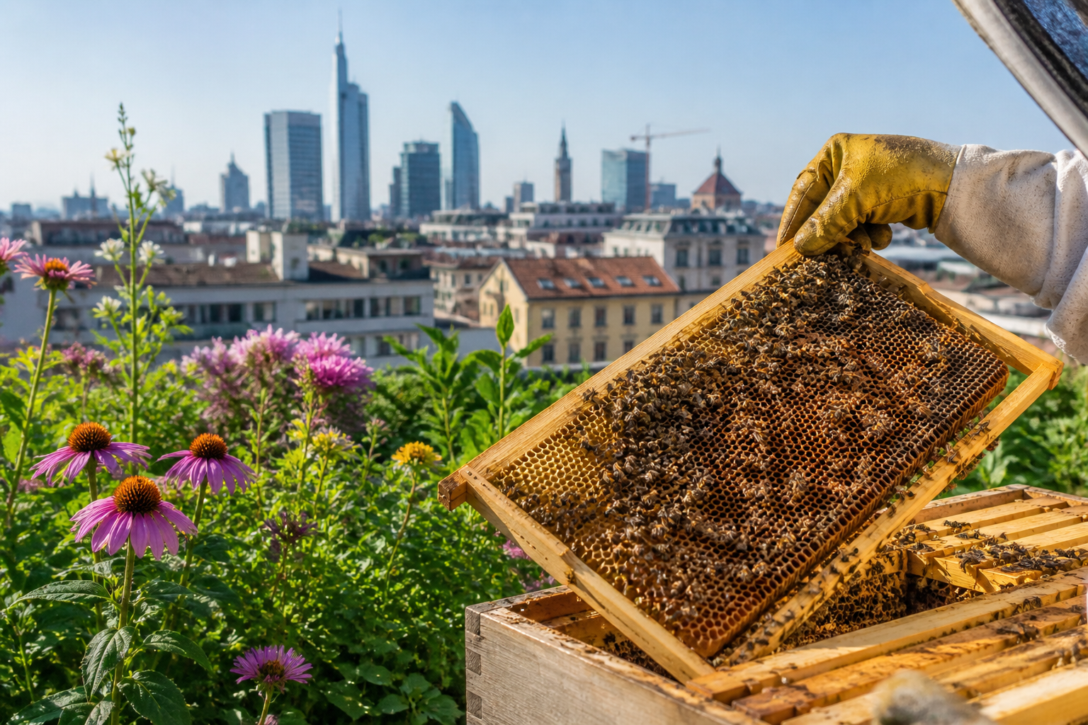 Apicoltore controlla un’arnia su un tetto in città con api e fiori in primo piano e skyline urbano sullo sfondo
