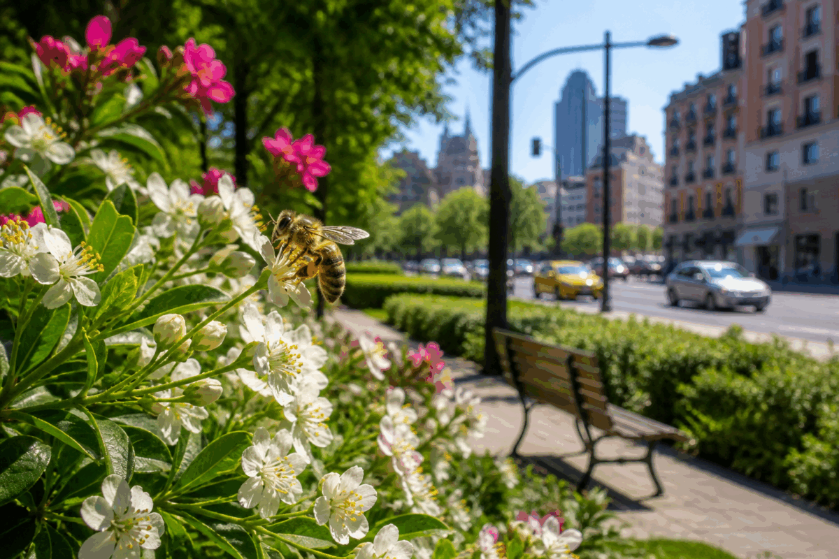 Ape su fiore in un parco urbano con strada, auto e palazzi sullo sfondo in una giornata di sole